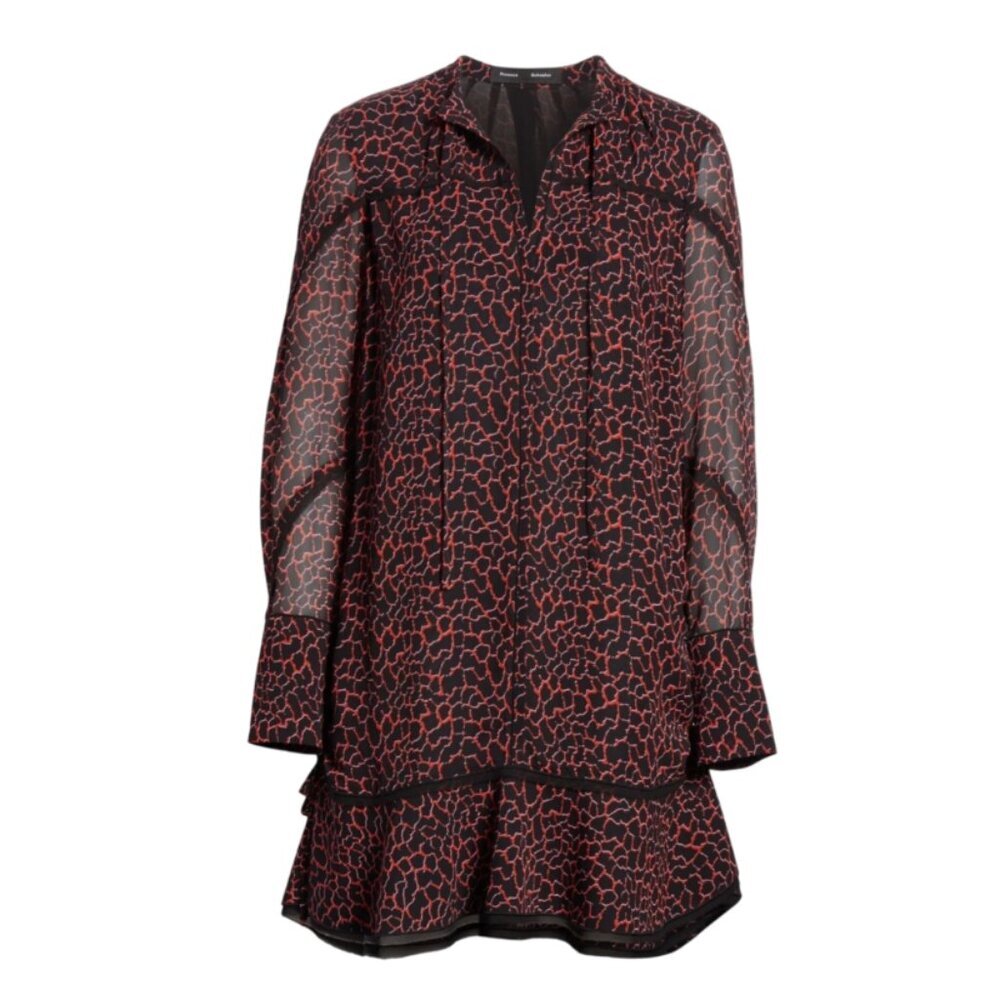 Proenza Schouler Cracked Pattern Dress Womens 2 Red Black V-Neck Long Sleeve